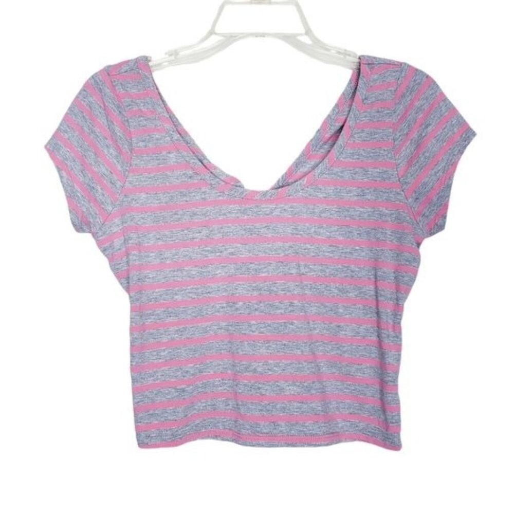 Ultra Flirt Gray & Pink Striped Crop Top Short Sleeve Twist Back Size Medium